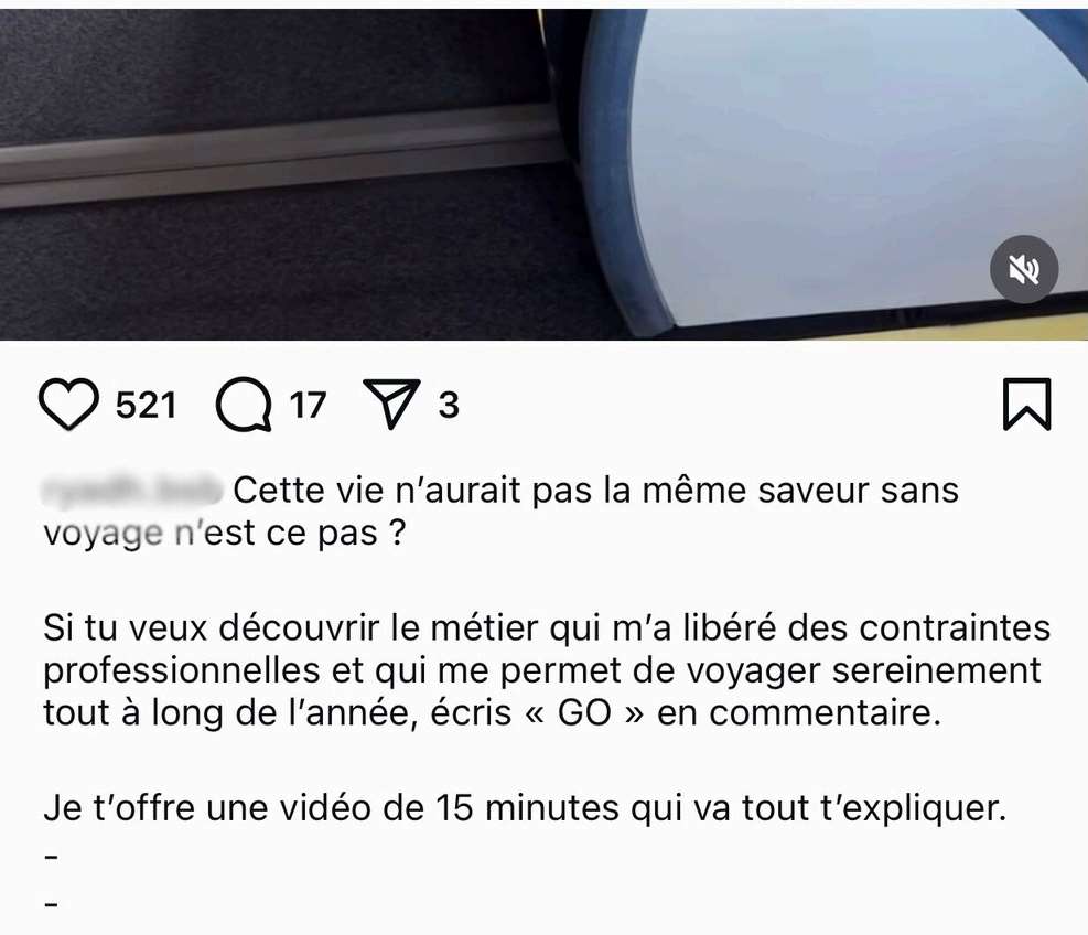 Post Instagram d'un voyage avec un CTA « écris GO en commentaire » pour recevoir une vidéo gratuite de 15 minutes