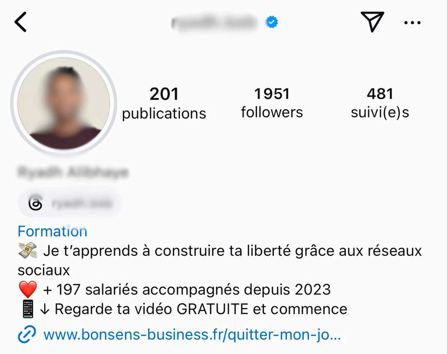 Capture d'un profil Instagram optimisé avec 201 publications, 1951 followers, une bio claire et un lien vers une vidéo gratuite